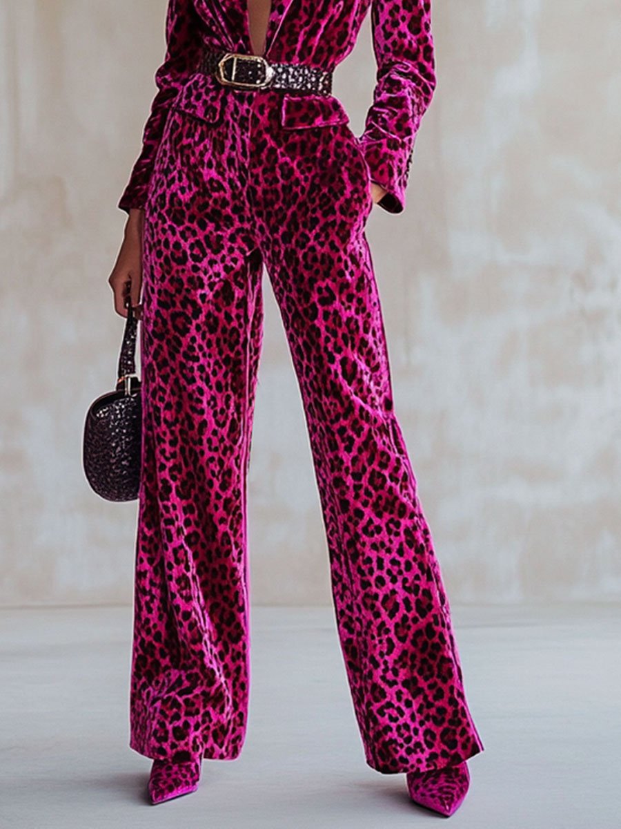 Casual Loose Vintage Velvet Leopard Print Lapel Pocket Jumpsuit