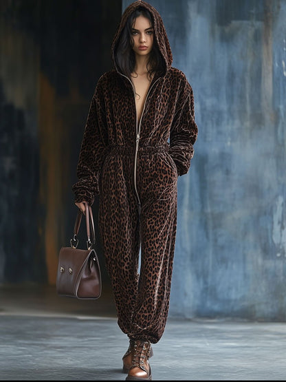 【24-hour shipping】Casual Loose Vintage Velvet Leopard Print Elastic Waist Zipper Hooded Jumpsuit