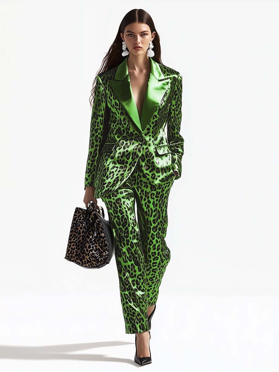 Cool and Fashionable Leopard Print Green Satin Suit