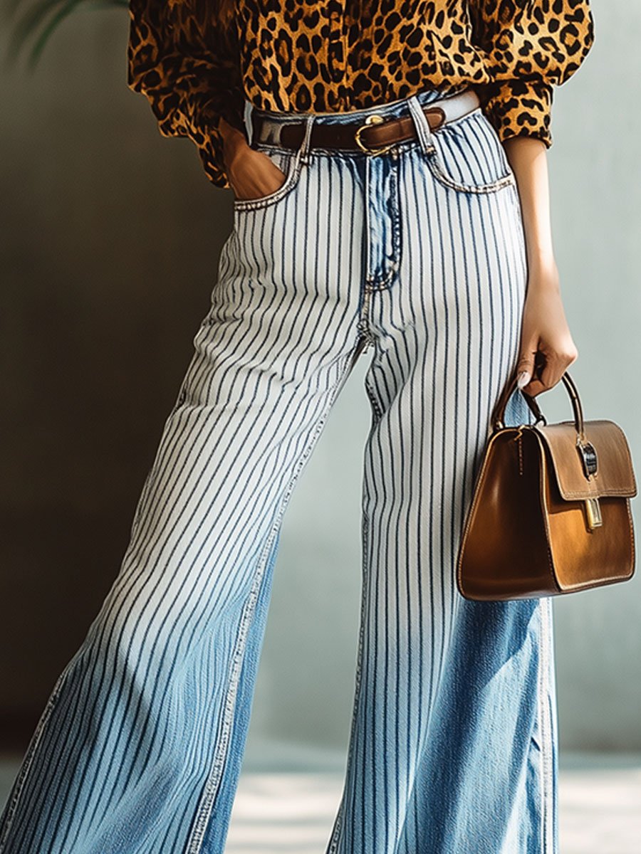 Casual Fashion Retro Gradient Stripe Print High Waist Wide Leg Jeans