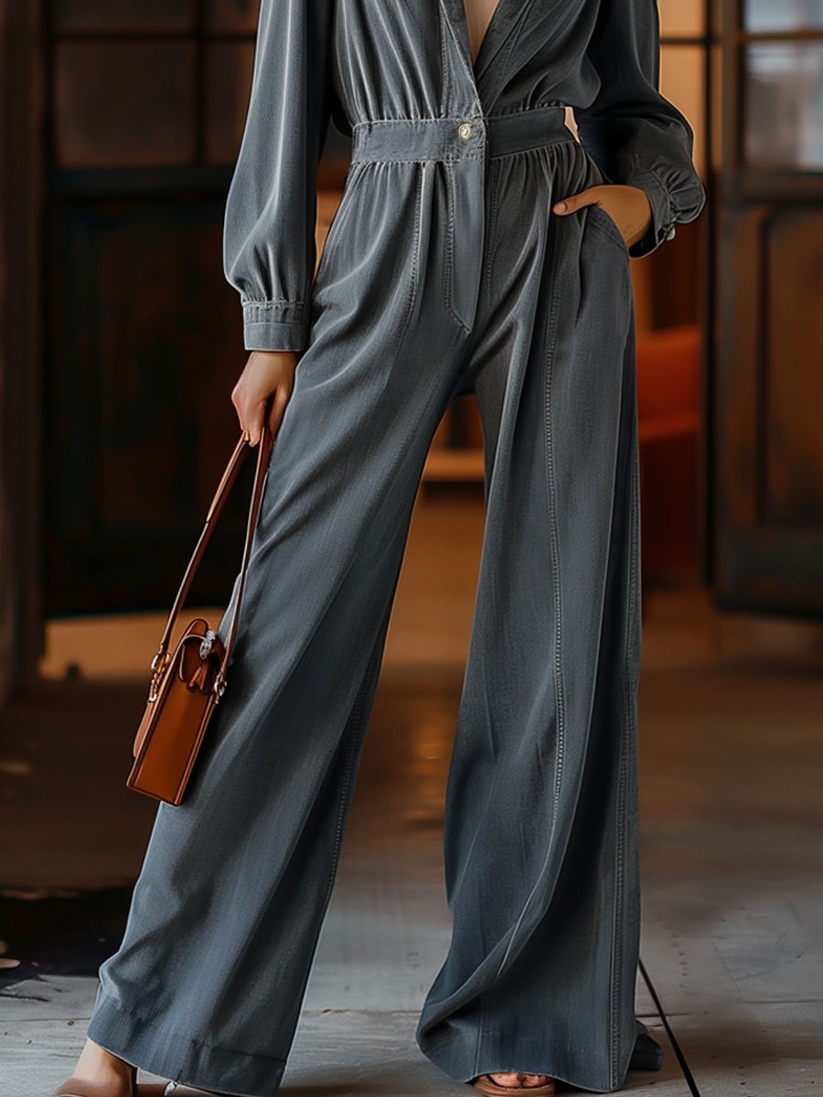 【24-hour shipping】Casual Retro Pocket Denim Long Sleeve Wide Leg Jumpsuit