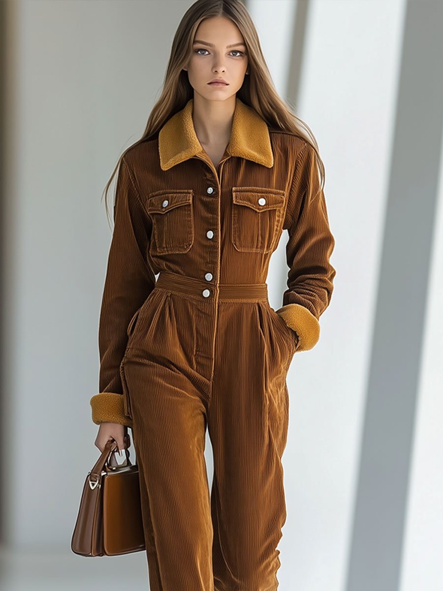 Casual Loose Retro Corduroy Lambskin Stitching Long-Sleeved Jumpsuit