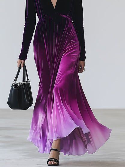 Fashion Retro Velvet Pink And Purple Gradient Long Sleeve V-Neck Maxi Dress