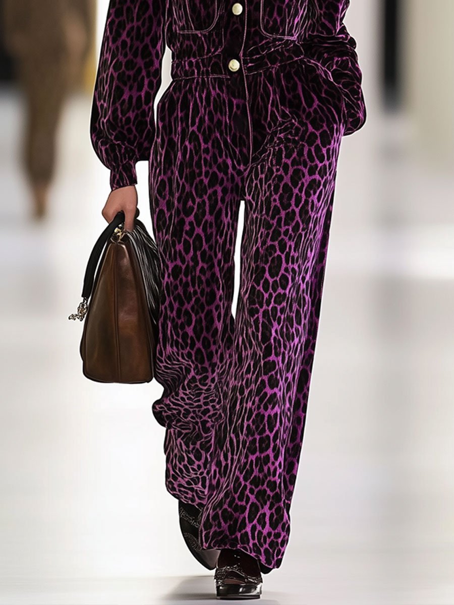 Casual Loose Retro Velvet Leopard Print Multi-Pocket Long Sleeve Jumpsuit