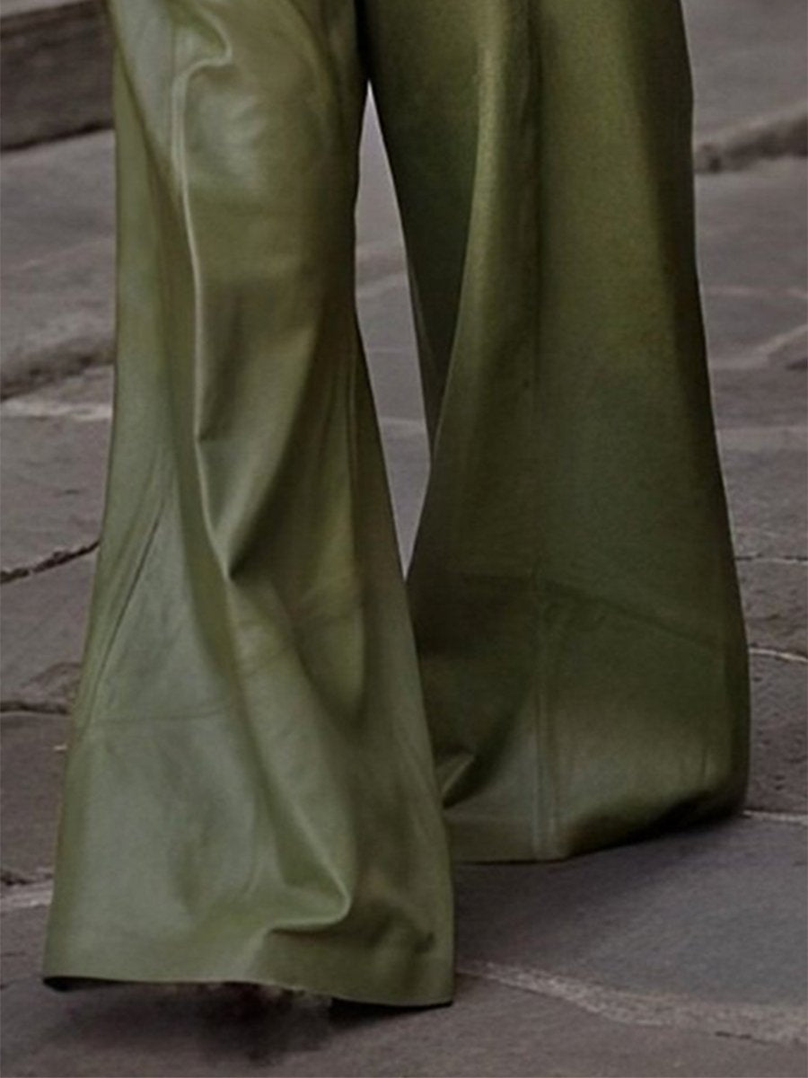 High-End Loose And Fashionable Olive Green Leather Wide-Leg Pants