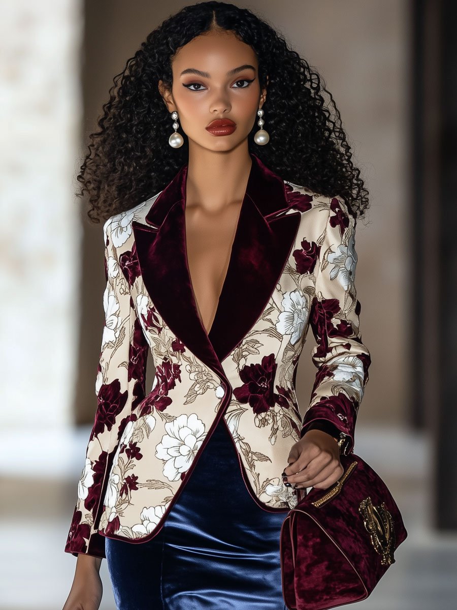 Casual Loose Vintage Velvet Colorblock Peony Print Blazer