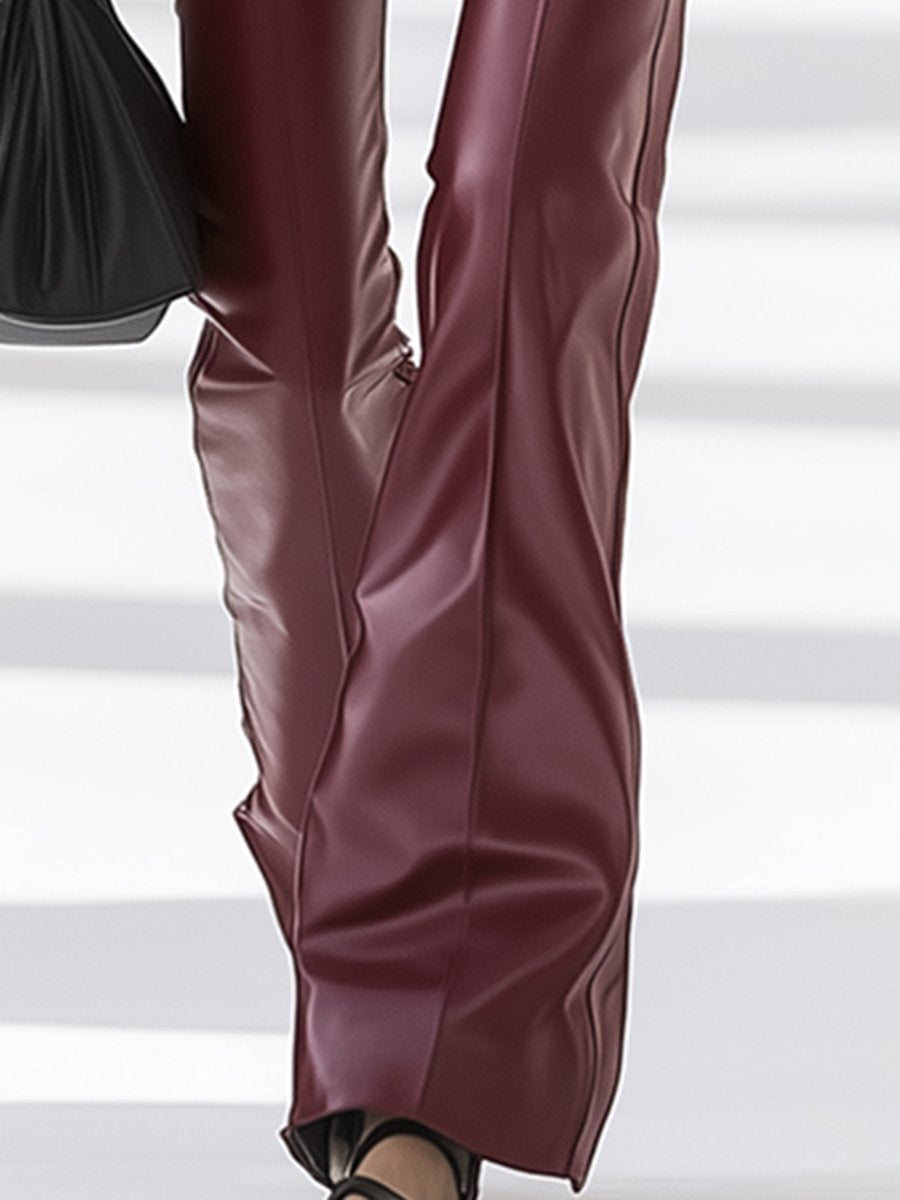 Retro And Stylish High-End Burgundy Leather Flared Pants