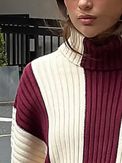 Casual Loose Fashionable Red and White Striped Turtleneck Knitted Sweater