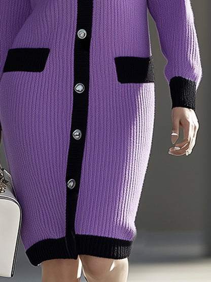 High-End And Elegant Chanel Style Purple Knitted Midi Cardigan