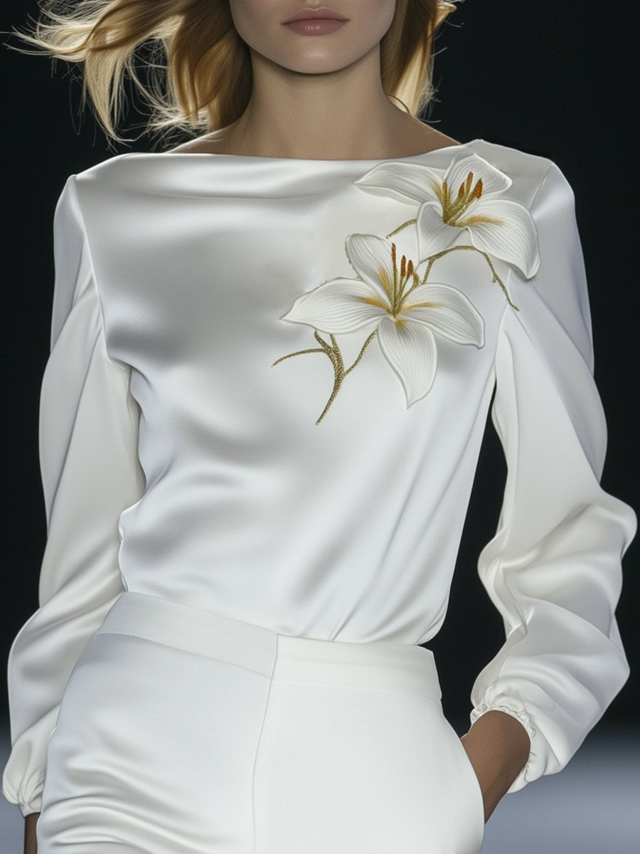 Elegant High-end Boat Neck White Embroidered Satin Top Blouse