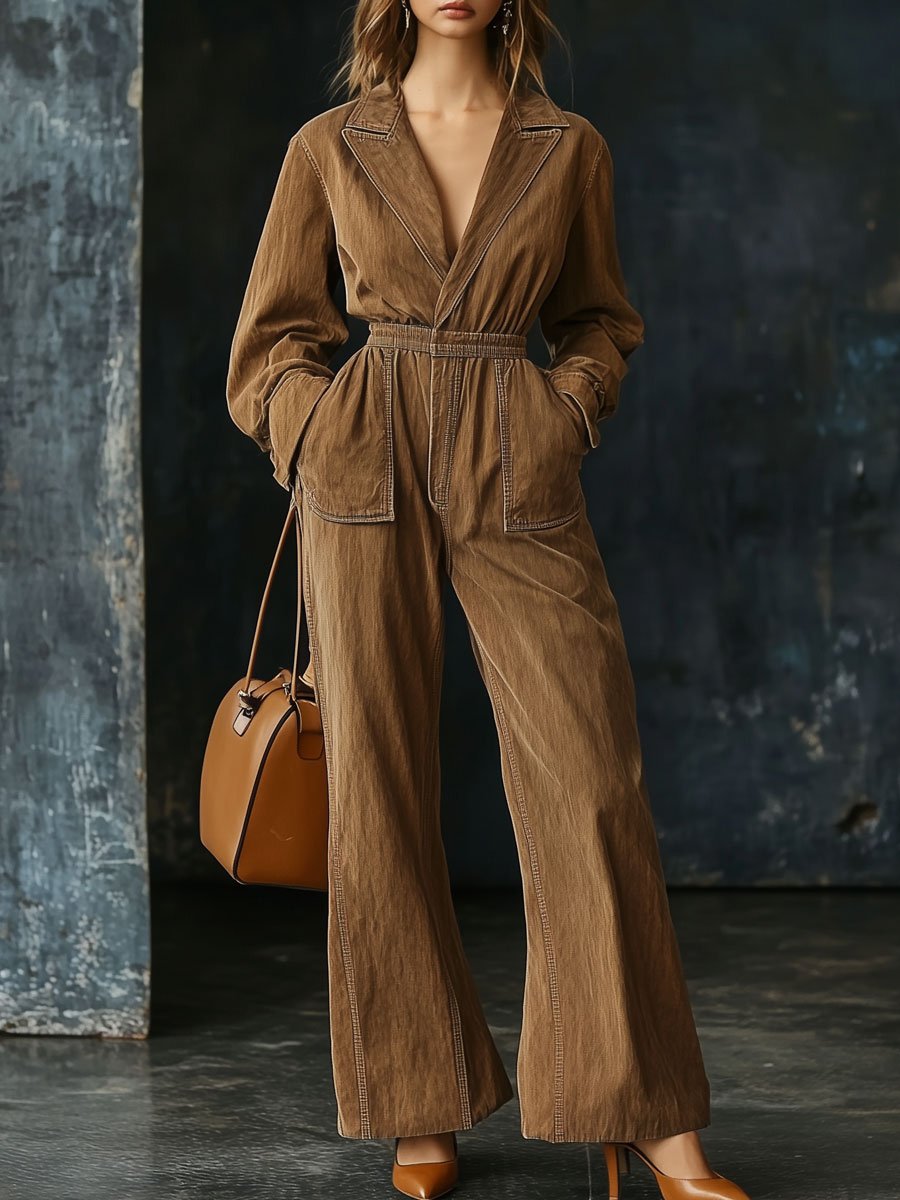 Casual Retro Elastic Waist Long Sleeve Wide Leg Jumpsuit