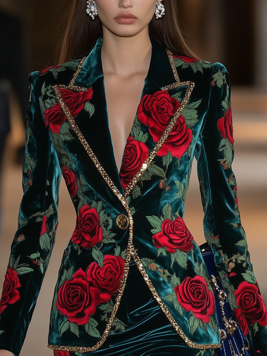 Casual Loose Retro Green Velvet Red Rose Print Gold Trim Blazer