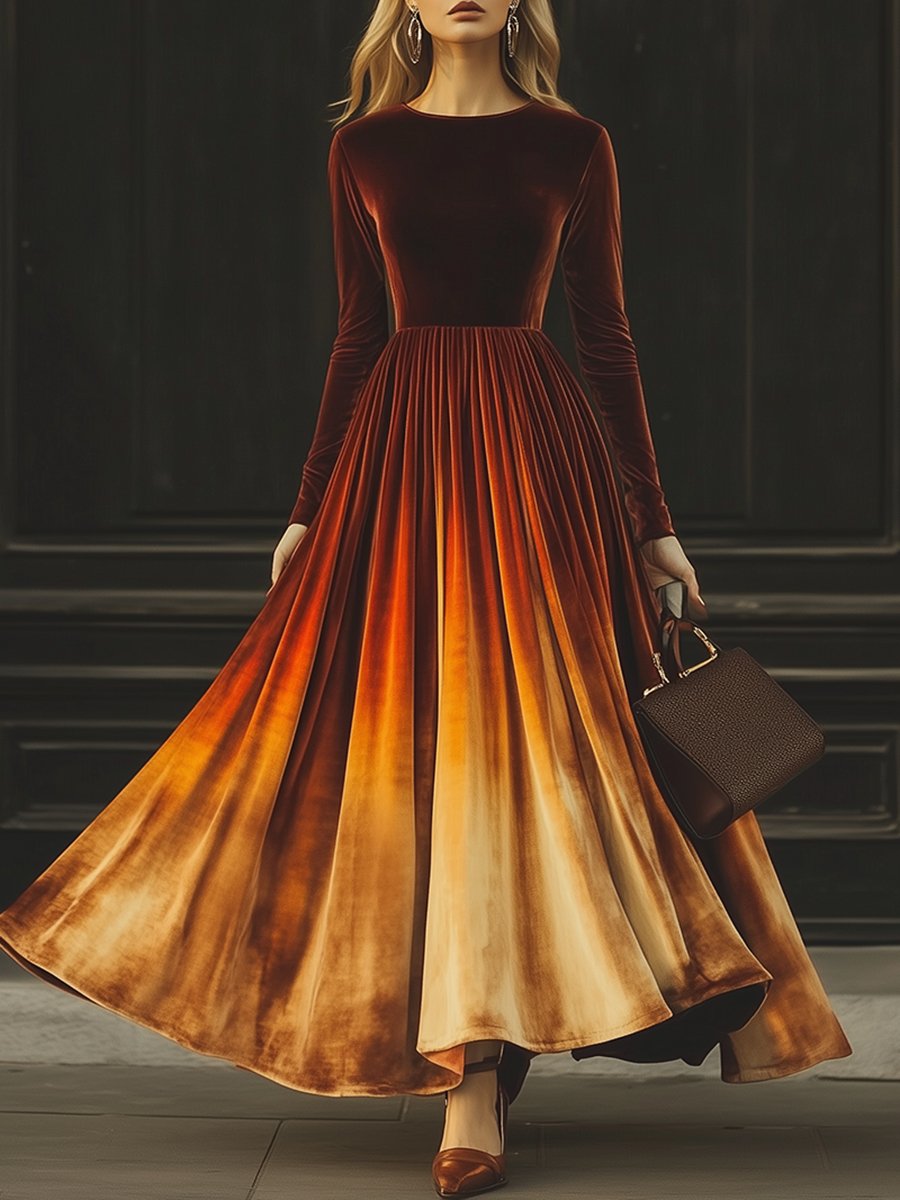 High-End Fashionable Temperament Brown Gradient Velvet Maxi Dress