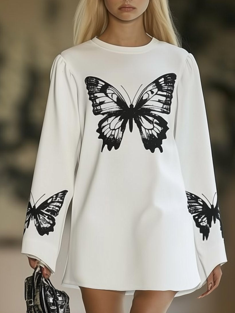 Fashion Loose Butterfly Print White T-Shirt Long Sleeve Mini Dress