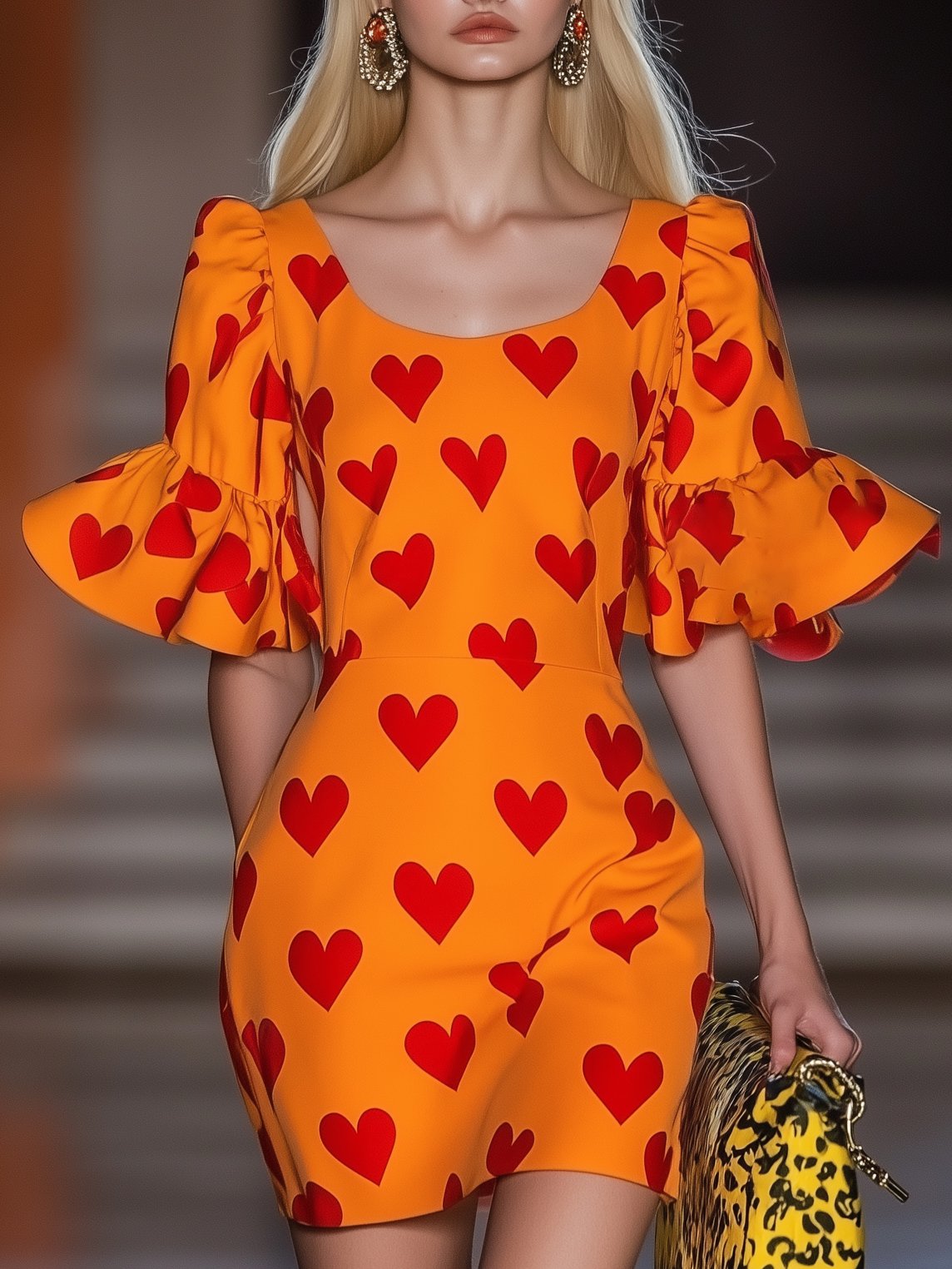 Vibrant Print Orange Short Sleeve Mini Dress