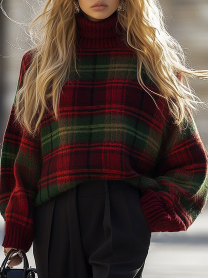 Retro Fashion Casual Loose Plaid Turtleneck Knitted Sweater