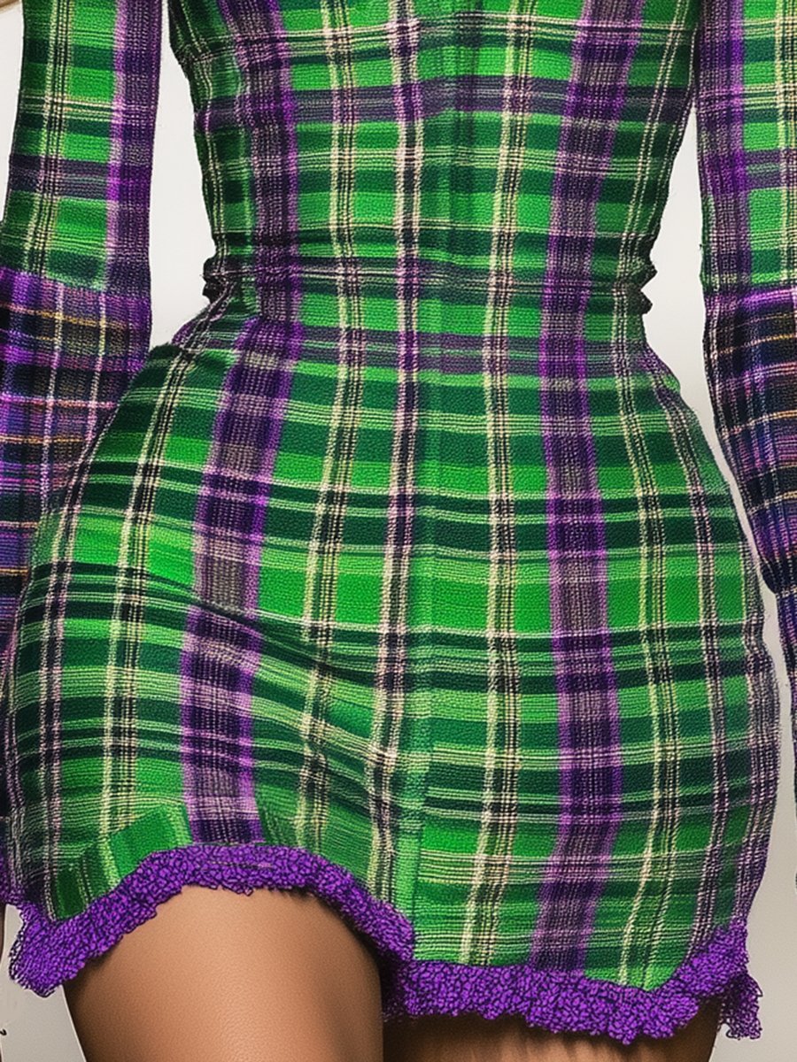 Romantic Retro Green and Purple Plaid Square Neck Long Sleeve Mini Dress