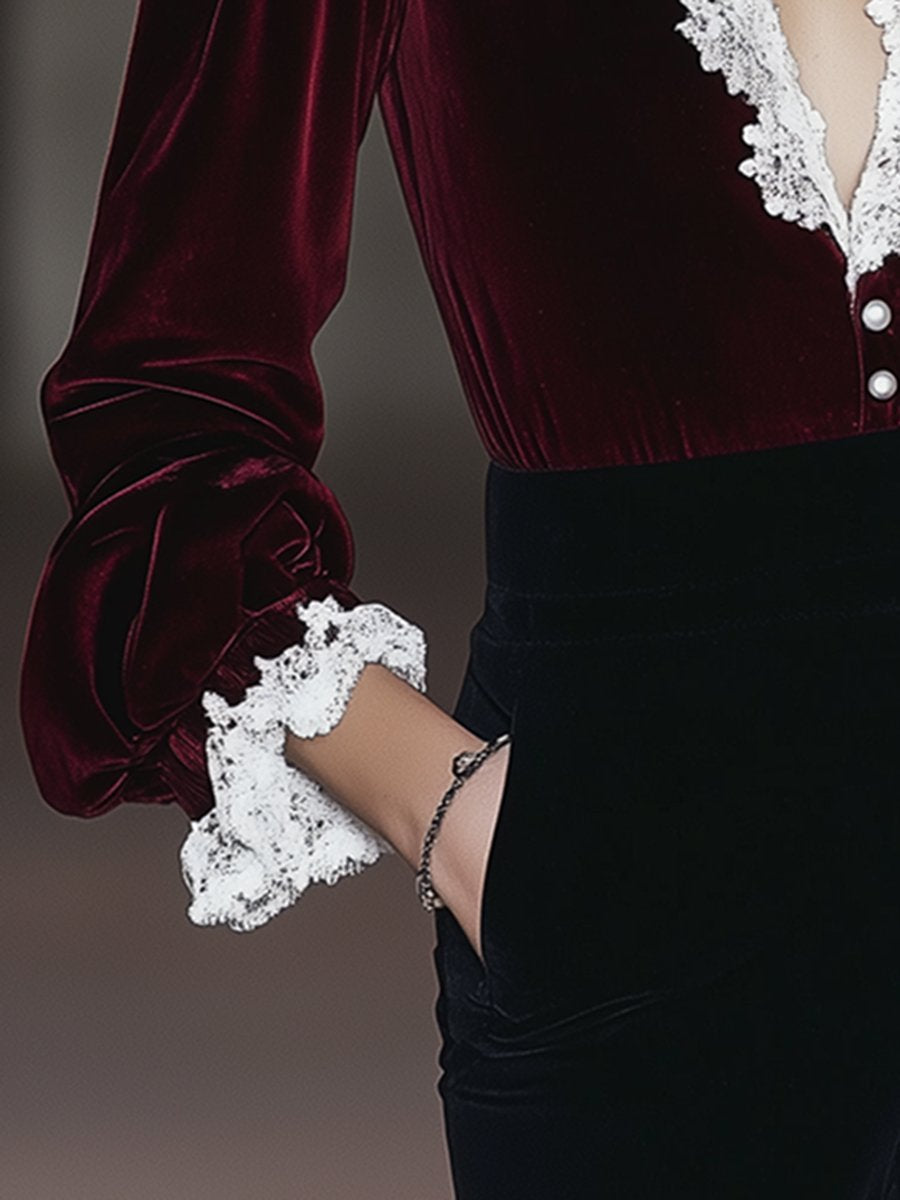 Retro And Fashionable Temperament Exquisite V-Neck Lace Puff Sleeve Velvet Shirt