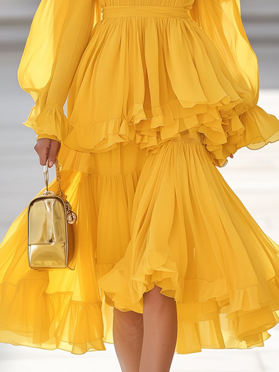 Elegant Multi-Layered Ruffled Yellow Chiffon Midi Dress