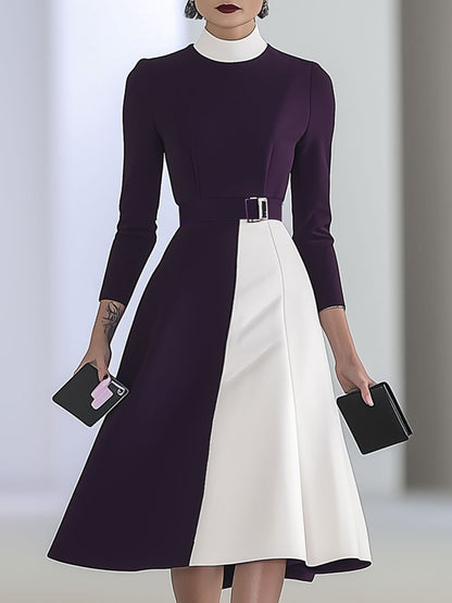 Fashion Retro Commuter Purple And White Stitching Long-Sleeved Midi Dress