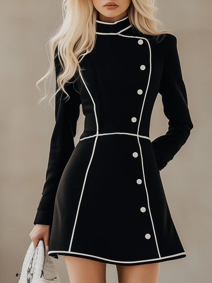 Classic Elegant High Hem Black Long Sleeve Mini Dress