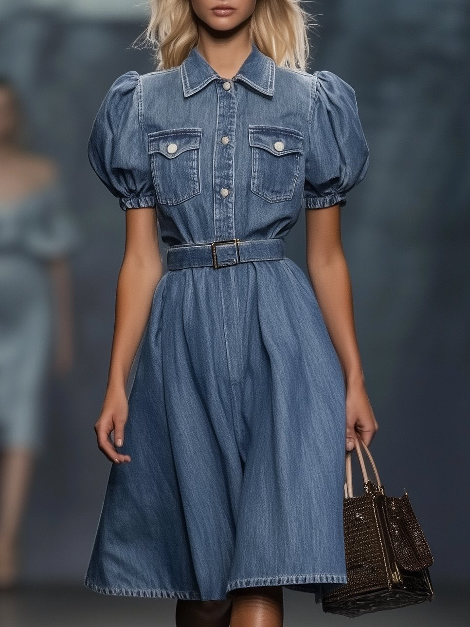 Fashion Slim Fit Denim Short Sleeve Midi Dress