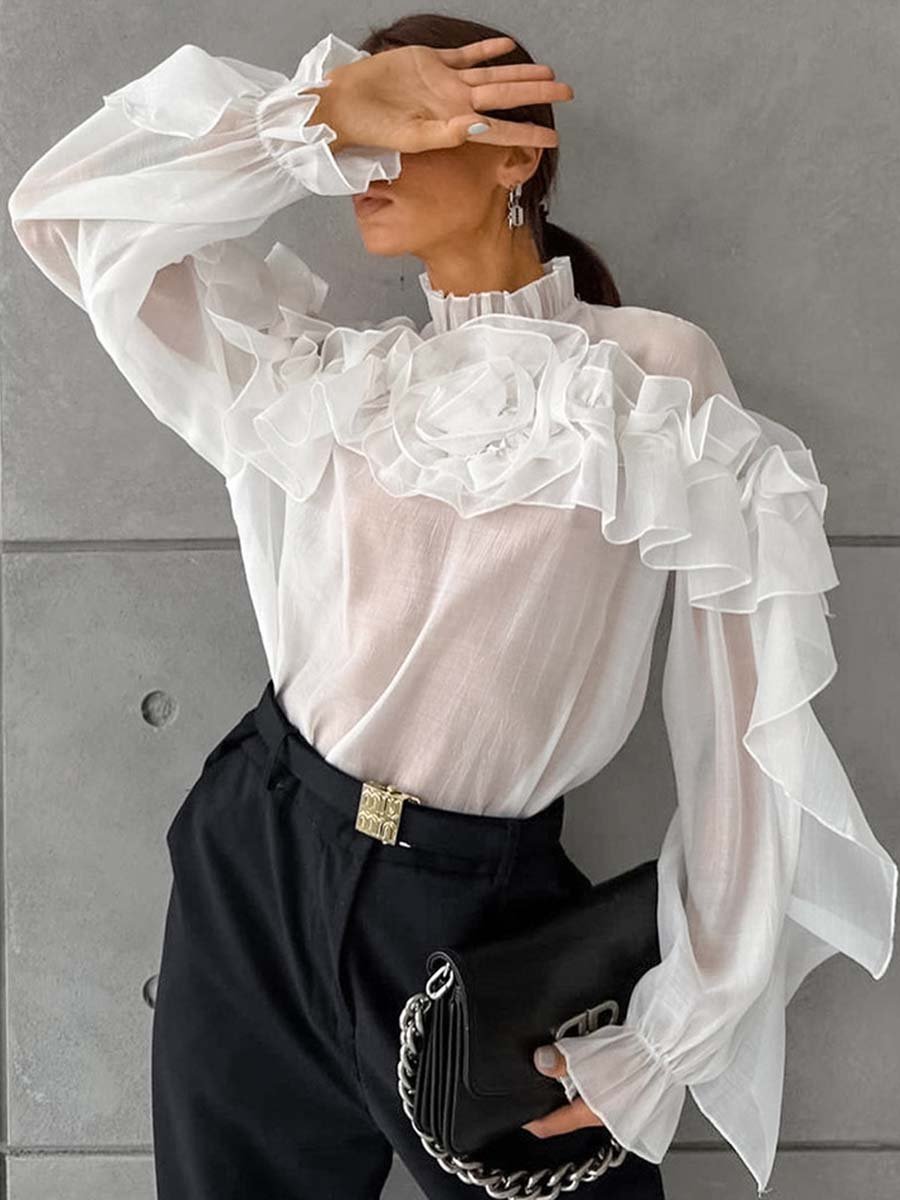 French Stand Collar Ruffled Three-dimensional Flower Mesh Shirt