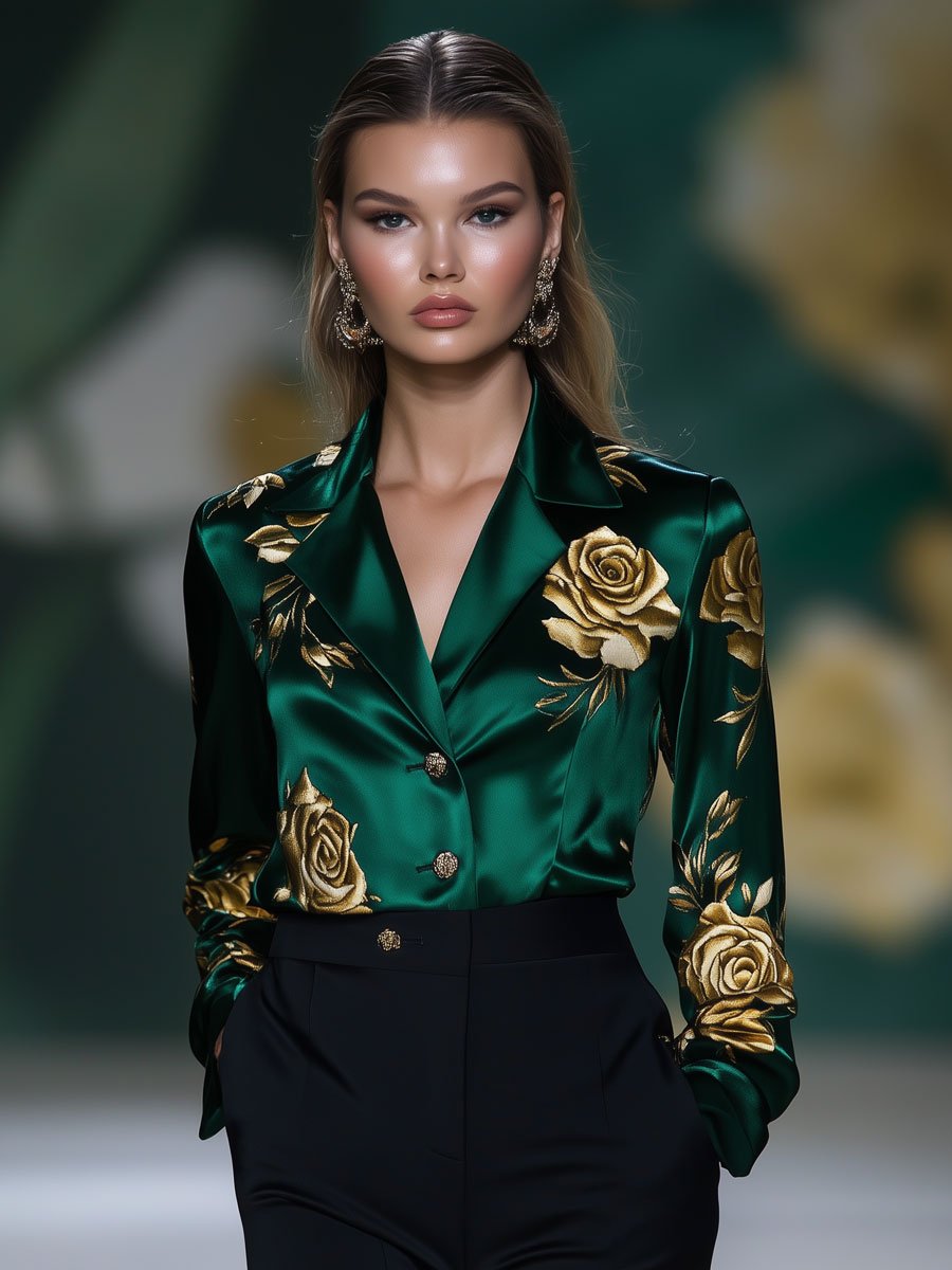 Loose Retro Gold Rose Print Green Satin Long Sleeve Blouse