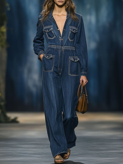 Casual Multi-Pocket Elastic Waist Long Sleeve Wide Leg Denim Jumpsuit