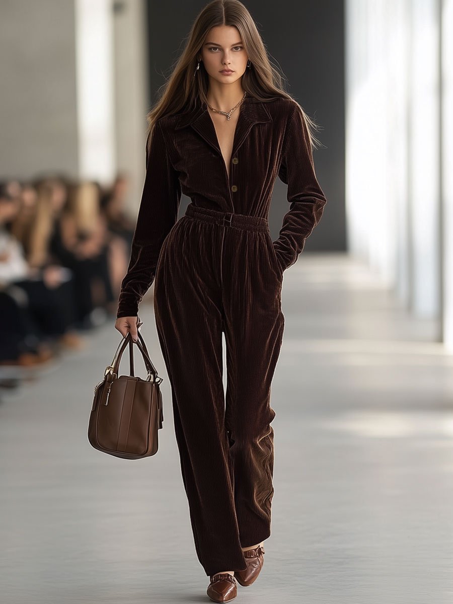 Casual Vintage Corduroy Elastic Waist Wide Leg Jumpsuit