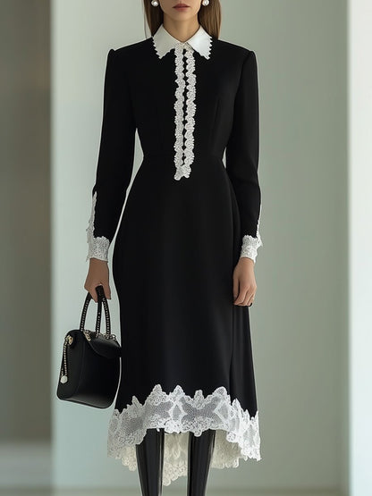 Retro Party White Lace Trim Black Long Sleeve Midi Dress