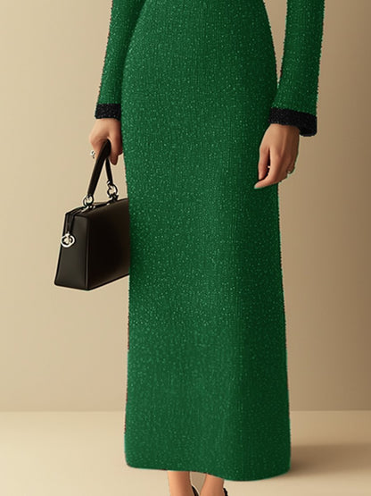 High-End Loose Fashion Elegant Ribbon Green Tweed Dress