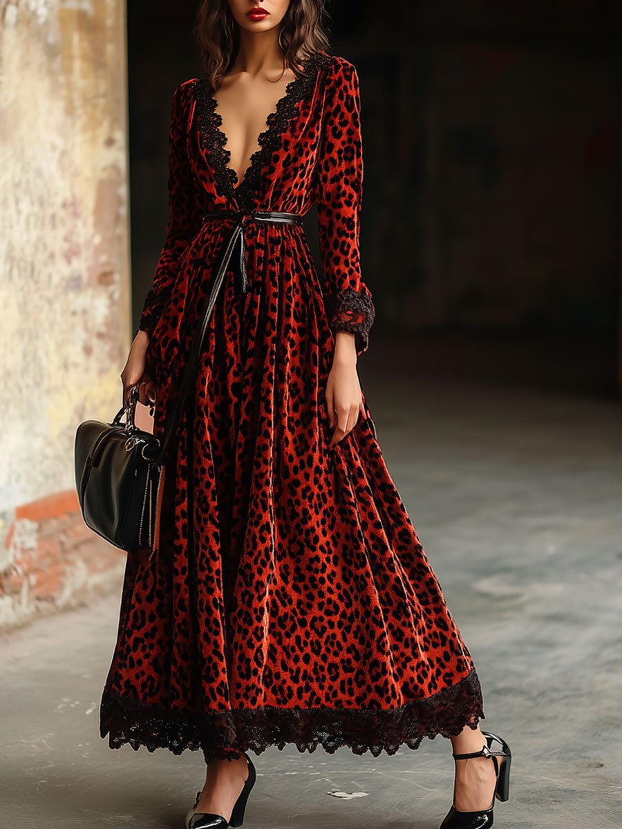 Vintage Ankola Red Velvet Leopard Print V-Neck Lace Lace Long Sleeve Maxi Dress