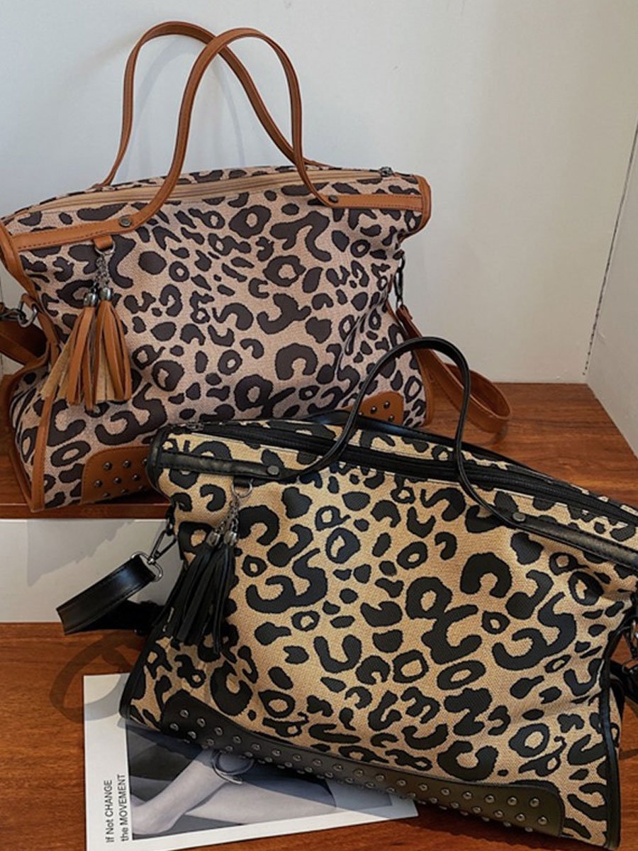 Leopard Print Casual Large Capacity Fashionable Rivet Shoulder Bag