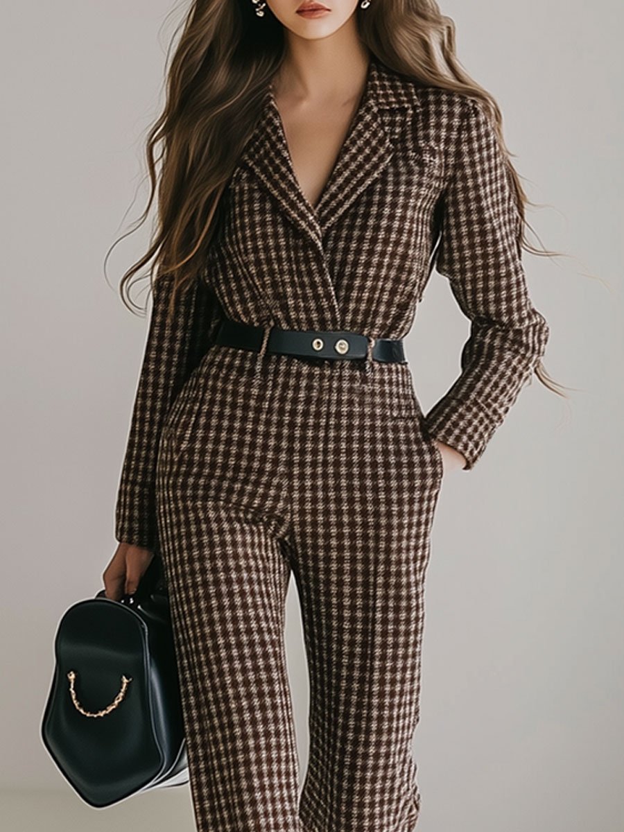 Casual Loose Retro Lapel Woolen Houndstooth Long Sleeve Jumpsuit