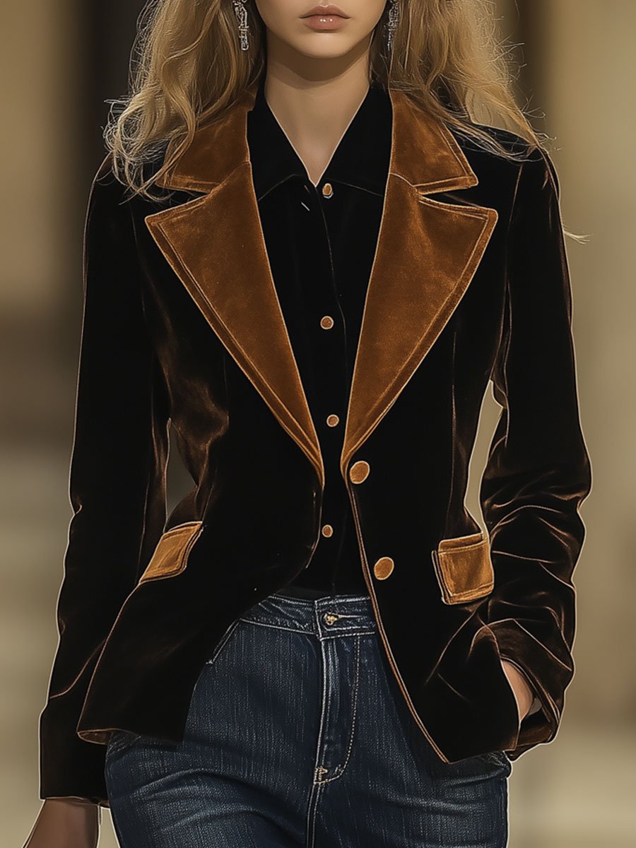 Casual Loose Vintage Velvet Colorblock Lapel Pocket Blazer