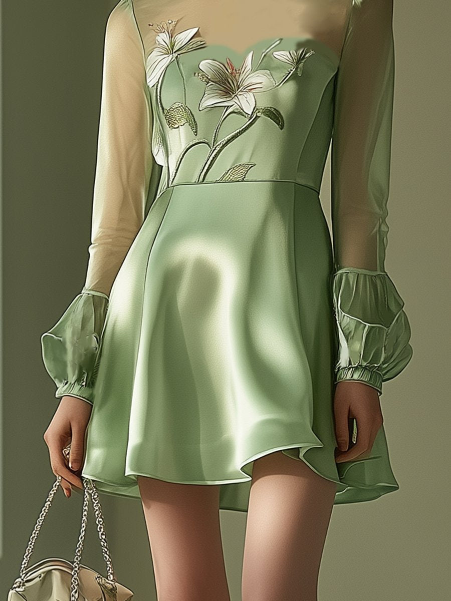 Elegant and Sexy Saga Green See-through Collar Embroidered Mini Dress