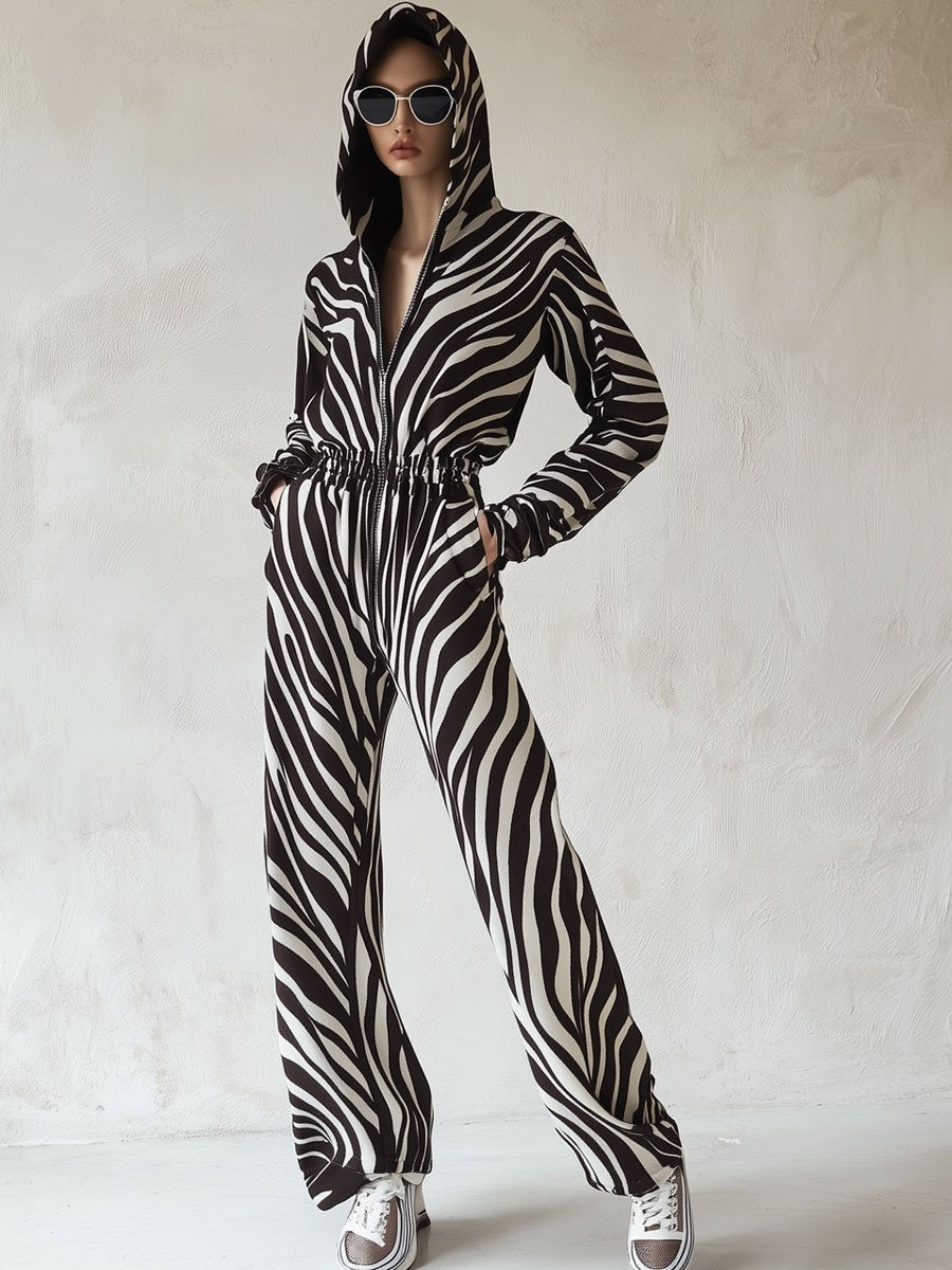 Casual Loose Vintage Velvet Zebra Print Pocket Zipper Jumpsuit