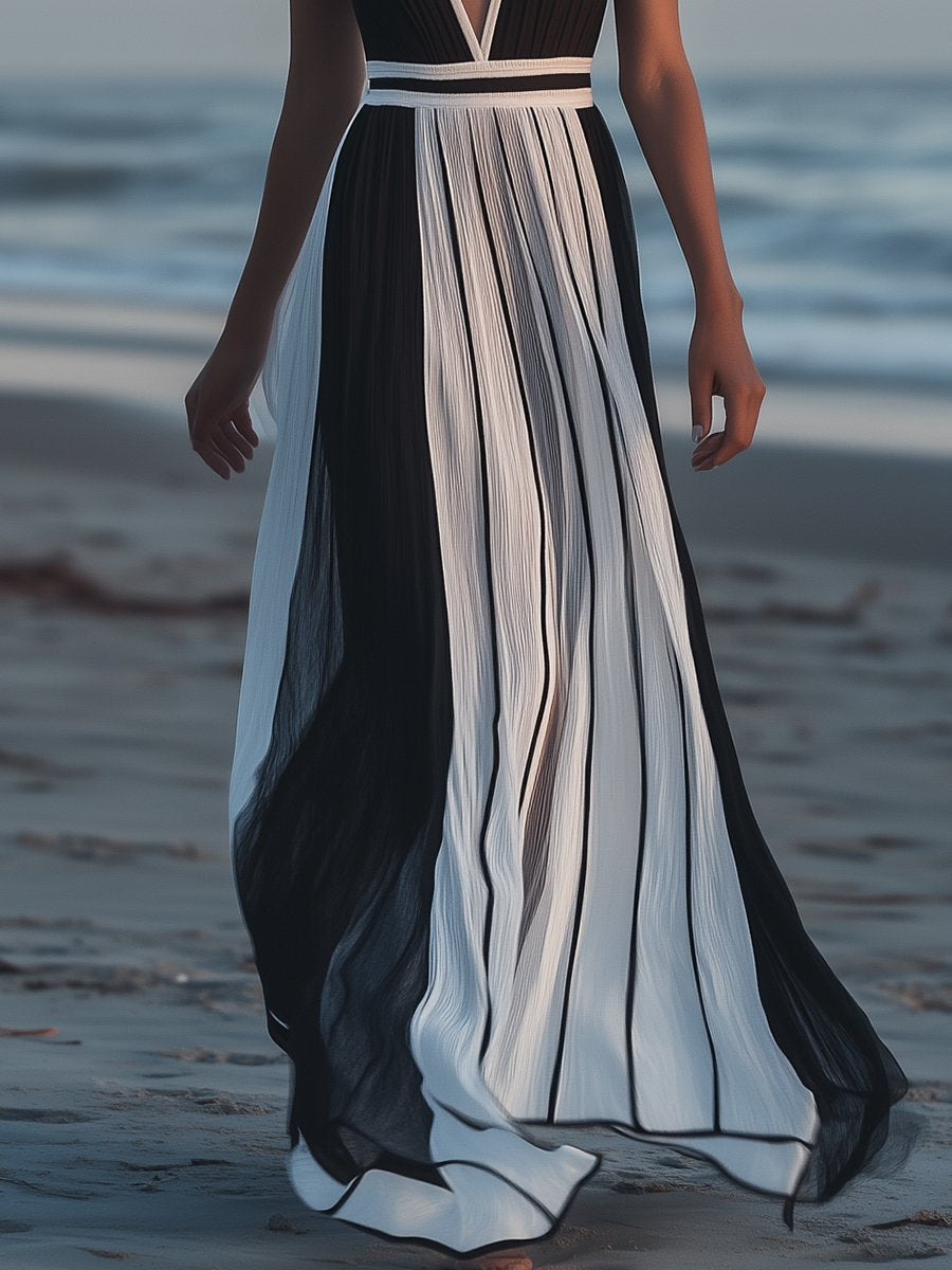 Casual and Fashionable Striped Black Chiffon V-neck Sleeveless Maxi Dress