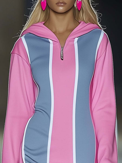 Fashion Personality Hooded Slit Pink and Blue Contrast Midi Dress