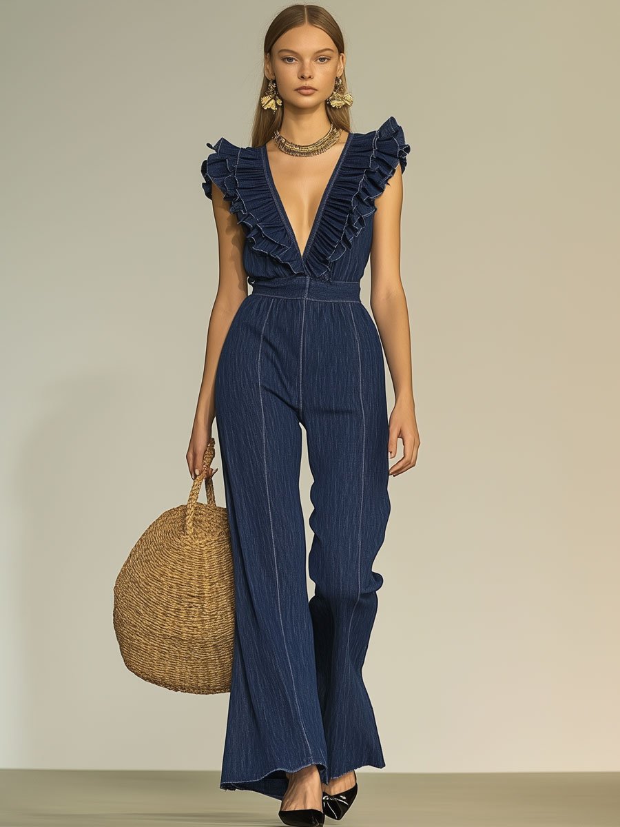 Fashion Retro V-Neck Ruffle Sleeveless Wide-Leg Flared Denim Jumpsuit