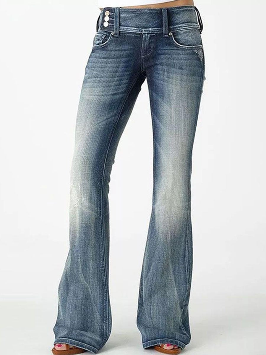 Casual Fashion Retro Side Button Mid-Rise Bootcut Jeans