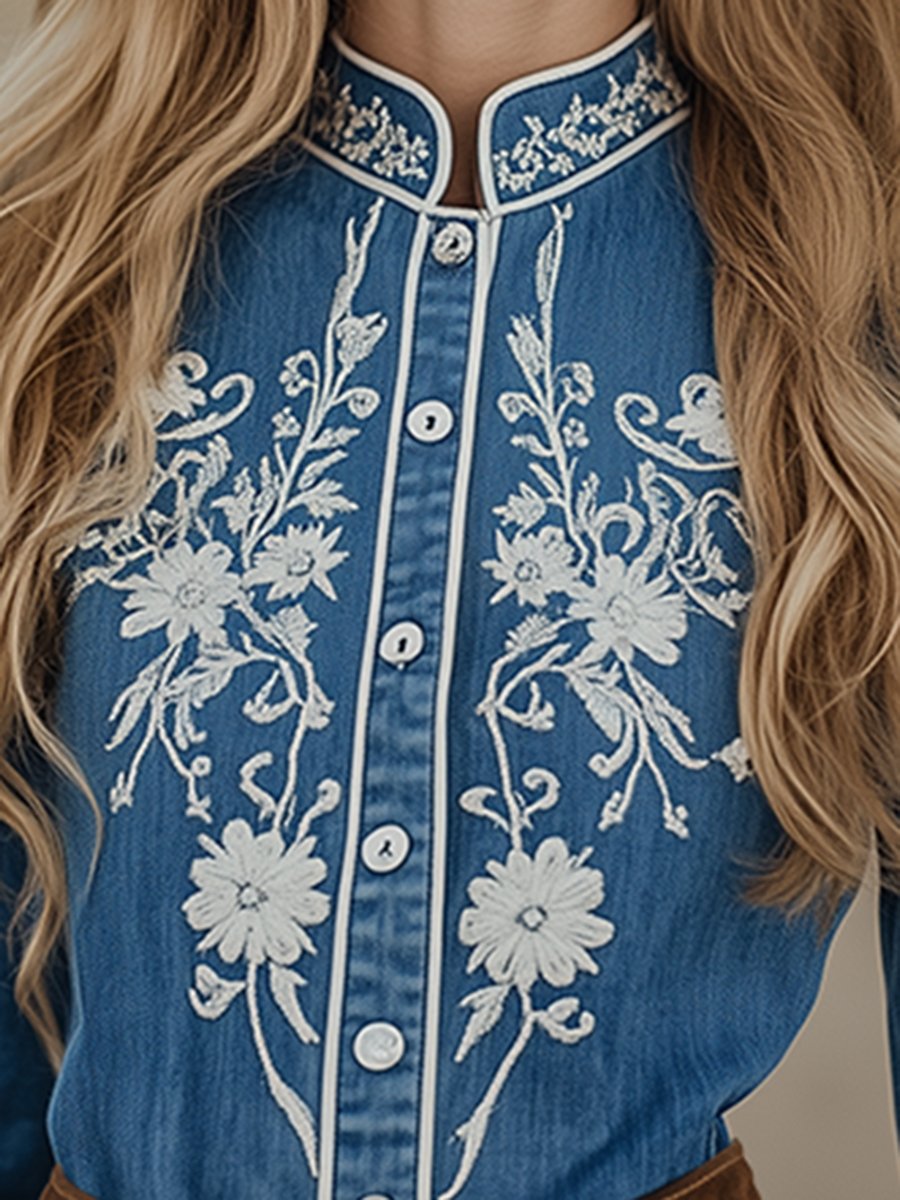 Retro Elegant Ethnic Embroidery Blue Shirt