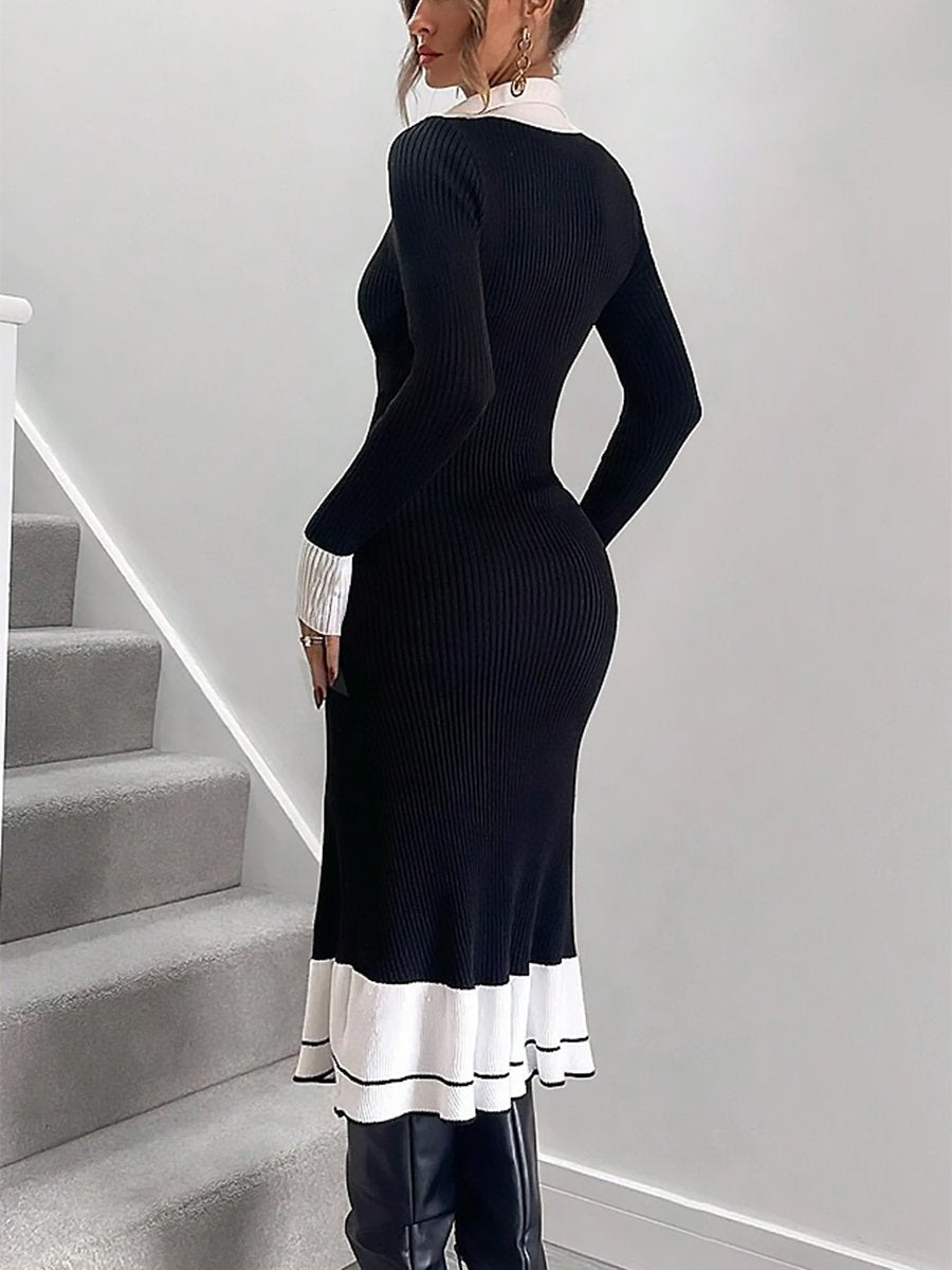 Elegant Fashionable And Exquisite Contrast Color Lapel Knitted Midi Dress