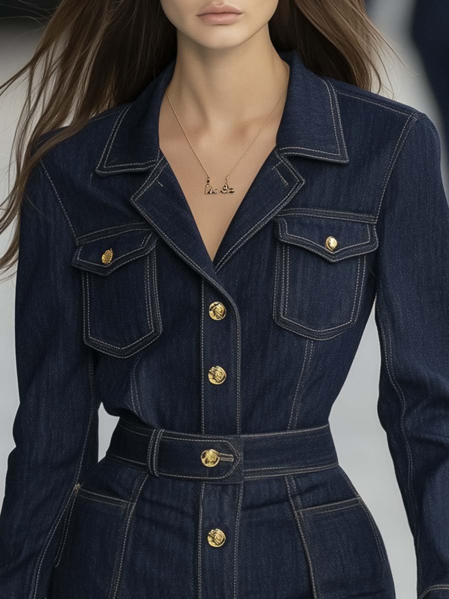 Elegant and Capable V-neck Belt Dark Blue Denim Mini Dress