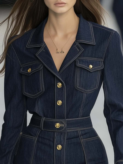 Elegant and Capable V-neck Belt Dark Blue Denim Mini Dress