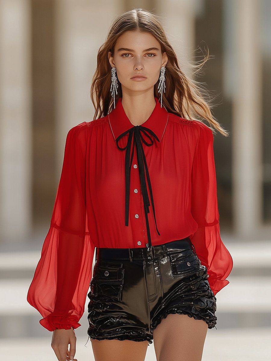 Fashionable and Chic Shoulder Pleated Transparent Puff Sleeves Tie Red Chiffon Shirt