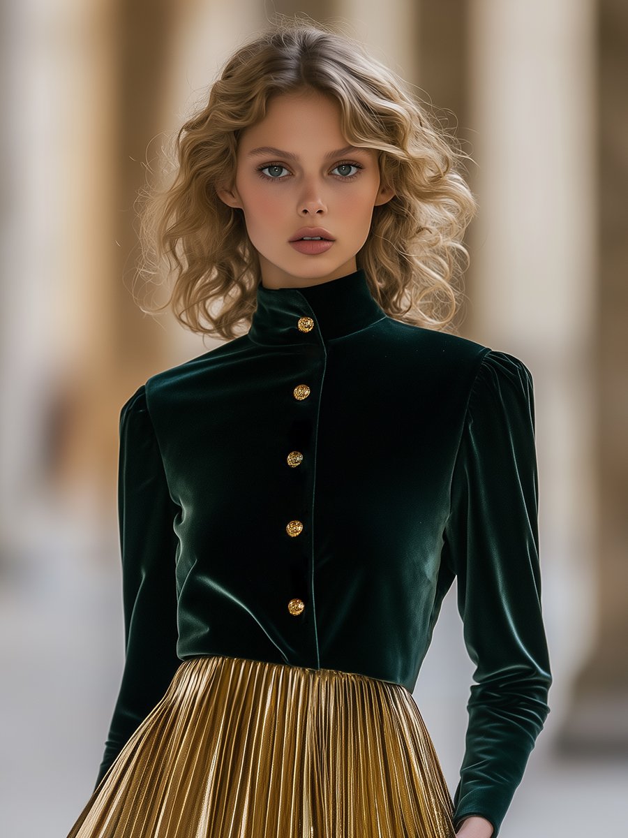 High-end fashionable high-collar gold velvet puff sleeve shirt