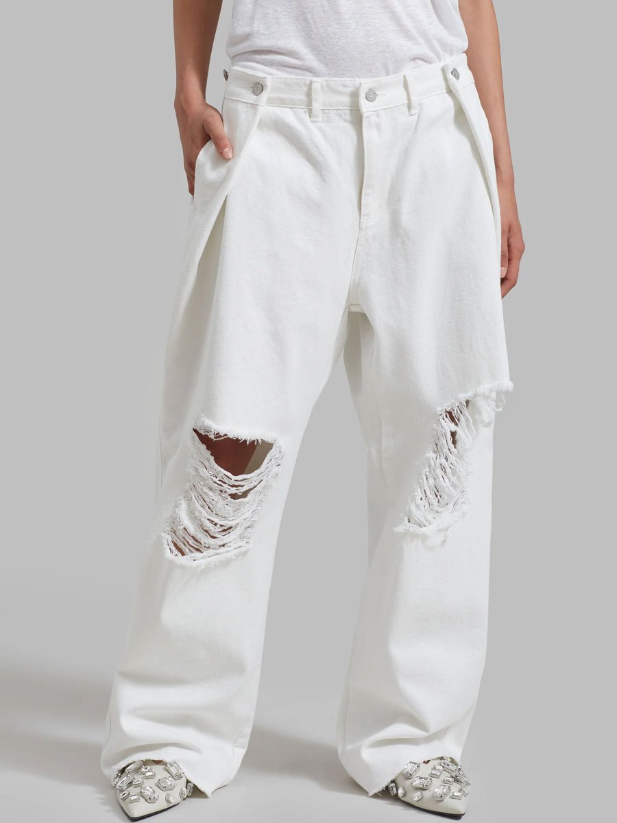 Casual Loose-Fitting Ripped White Wide-Leg Jeans