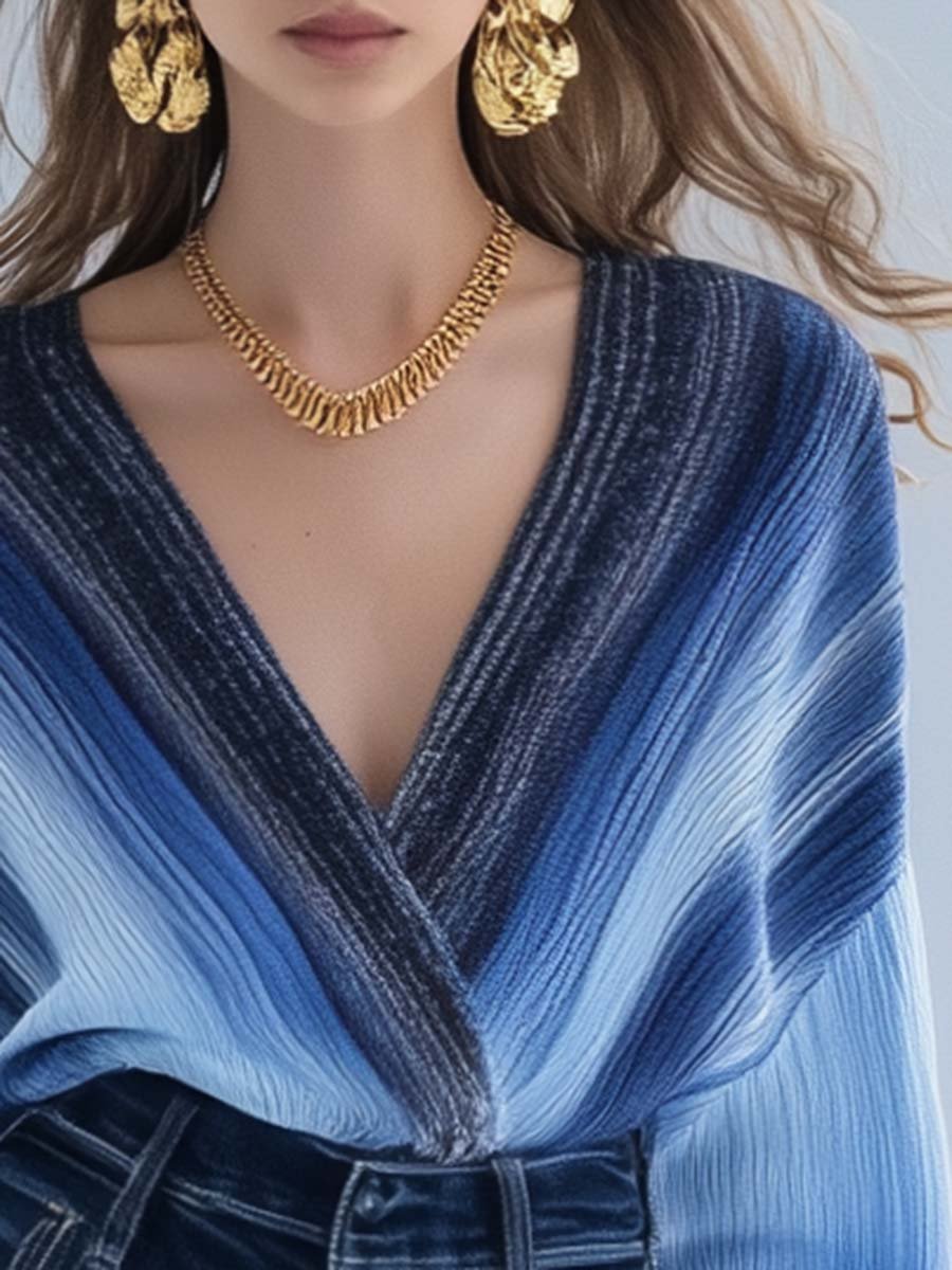 Elegant and Unique V-neck Blue Gradient Sweater